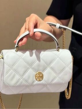Tory Burch Willa White Quilted Leather Top-Handle Satchel with Gold Hardware